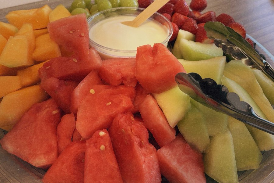 Fresh fruit tray with watermelon, cantaloupe, honeydew, grapes and strawberries